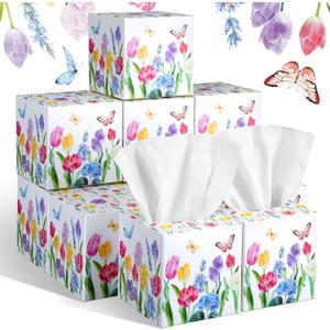 12 Pack Tulips Facial Tissues Cube Boxes 600 Sheets 3 Ply Small Tulips Floral Face Tissues Bulk for Fall Christmas Spring Car Bedroom Supplies
