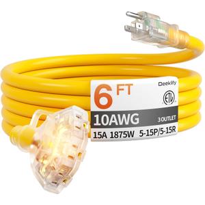 6 ft 10 Gauge Heavy Duty 3 Outlet Extension Cord Splitter with Indicator, Waterproof Outdoor Extension Cord with Multiple Outlets, 15A 1875W for Workshop, ETL Listed, Flexible Yellow SJTW