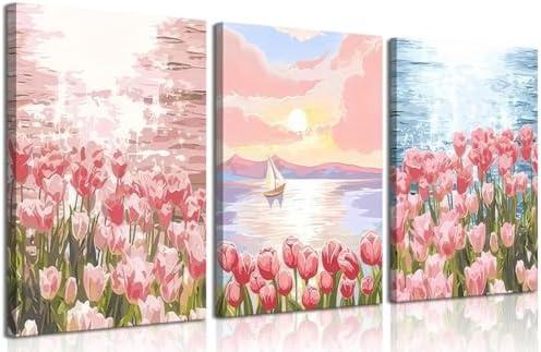 3Pcs Pink Tulip Floral Canvas Wall Art Seaside Scenery Wall Decor Pictures Trendy Preppy Room Decor Aesthetic Posters Prints for Living Room Bedroom Girls Dorm Decoration 12x16in