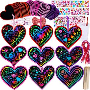 Winlyn 45 Sets 9 Styles Magic Color Scratch Black Valentine Heart Ornaments Decorations Valentine Scratch Art Heart Valentine's Day Craft Kits for Kids Classroom Activities Party Favors Gift Exchange