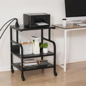 Large Printer Stand with 3-Tier Wood Storage Shelves - Multi-Purpose Desk Organizer for Printer Scanner Fax Home Office Use with Wheels (Jet Black)