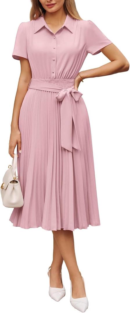 GRACE KARIN Women's 2026 Summer Midi Work Dress Short Sleeve Button Shirt Dresses A Line Pleated Belt Business Casual Dresses (Pink, S)