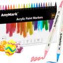 AnyMark 24 Colors Acrylic Paint Markers, Dual Tip Acrylic Paint Pens with Brush & Fine Tip, Premium Paint Markers for Coloring, Canvas, wood, Stone, Rock Painting, Glass