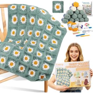 Coopay Crochet Kit for Beginners, Crochet Starter Kit for Blanket, Granny Squares Video Instructions, Easy to Learn Knitting for Beginner (Green - Daisy)