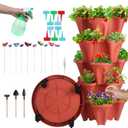 DUNCHATY Stackable Planter, Vertical Strawberry Planter with Garen Tool Set, Self Watering Garden Planter Indoor/Outdoor 5 Tier Herb Planter Pots for Growing Vegetables and Succulents, Clay Red