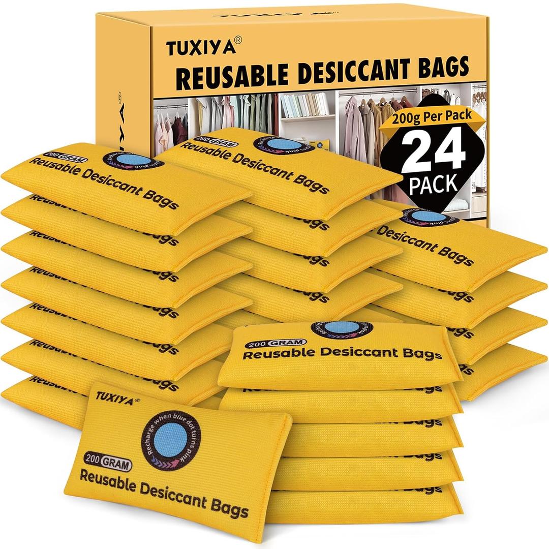 TUXIYA 24Pack (200g Each) Rechargeable Silica Gel Desiccant Packets,Color Indicating Desiccant Packs for Storage,Moisture Absorbers for Storage Bins,Suitcase,Safes,3D Filaments,Wet Zones and Cars