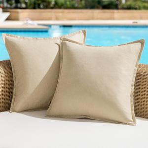 Woaboy Set of 2 Outdoor Waterproof Throw Pillow Covers Broadside Decorative Farmhouse Linen Cushion Cases for Bedroom, Living Room, Patio, Sofa, Chairs 20x20 inch, Beige