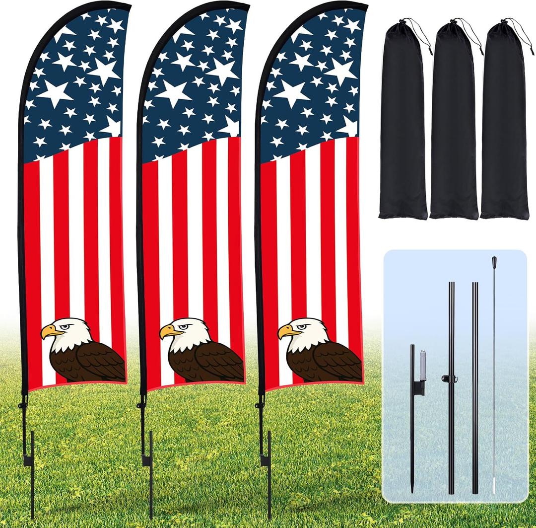 Buryeah 12 ft 3 Sets American Glory Feather Flag with Pole Kit, USA Swooper Flag Banner Sign for Advertising, Business, Event, Outdoor Display, 250th Commemorative Patriotic Yard Banner