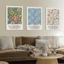 William Morris Wall Art Set of 3 Vintage Botanical Wall Decor Nature Flower Exhibition Posters Retro Plant Canvas Prints Paintings for Living Room Bedroom Kitchen 16x24 Inch Framed (Light)