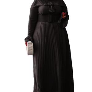 Plus Size Floor-Length Solid Long Sleeve Pleated Women's Maxi Dress Prom Dress with Belt Size 5XL