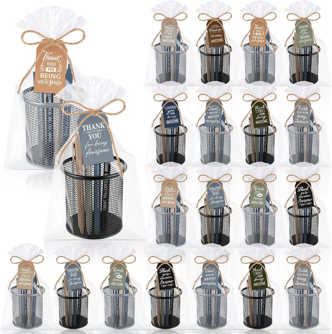 Pasimy 24 Sets Employee Appreciation Gifts Bulk Inspirational Ballpoint Pens Pencil Holder Cups with Thank You for Being Awesome Cards Gift Bags for Coworker Teacher Office Staff Nurse (Black Silver)