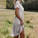 HVT Spring Dresses for Women 2026 Polka Dot Dress V Neck Lapel Midi Length Casual Short Sleeve Tiered T Shirt Beach Dress (M)