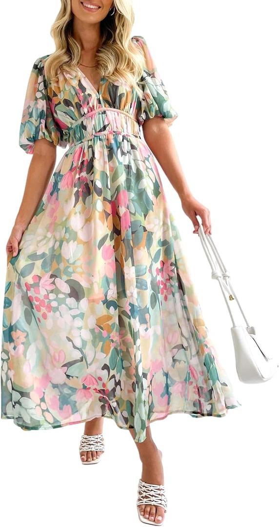 Sissyaki Women's Boho Floral Maxi Dress Summer Fall Wedding Guest Dress Multi Green-Print, XL