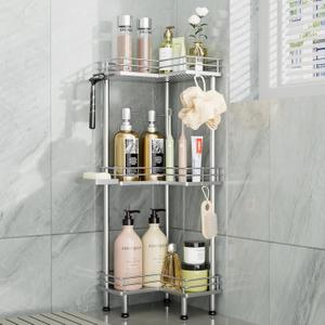 Consumest Corner Shower Caddy Standing  3Tier Stainless Steel Shower Organizer with Soap Holder and 4 Hooks, Large Capacity Corner Shelf Stand for Bathroom, Rest Room, Silver