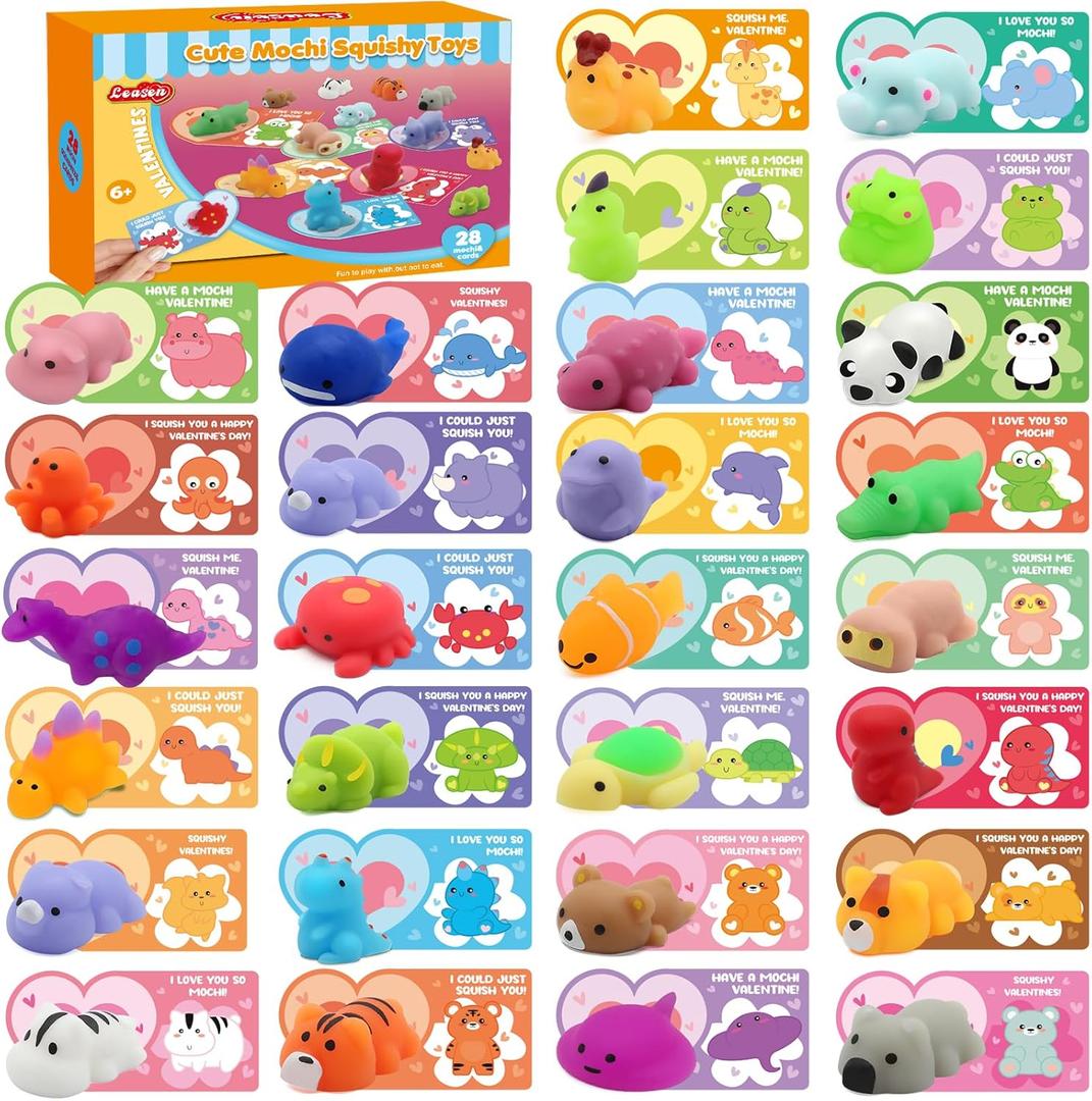 LEASEN 28 Pack Valentines Day Gifts for Kids, Mochi Squishies Party Favor Set with Valentines Animal Greeting Cards for Kids, Valentine's Day Classroom Exchange Gifts Set, School Prizes Party Favor