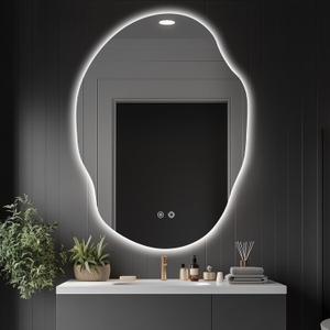 Asymmetrical LED Bathroom Mirror with Lights,Irregular Led Bathroom Vanity Mirror for Wall with Front and Backlit, Anti Fog, 3 Colors and Dimmable Light,[Horizontal/Vertical] 40" H x 30" W (Clear)