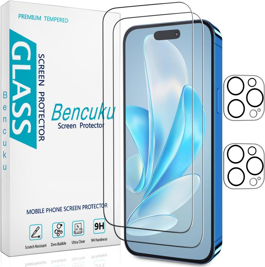 2 Pack Tempered Glass Screen Protector for iPhone 15 Pro 6.1 Inch with 2 Pack Camera Lens Protector, 9H Hardness, Bubble Free, Case Friendly
