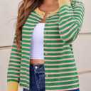 Saodimallsu Womens Striped Cardigan Sweaters Button Down Lightweight Color Block Crewneck Long Sleeve Knit Fall Cardigan (Green)