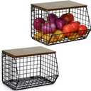 Wetheny 2pcs Fruit Basket Onion Storage Wire Basket with Wood Top- Wall Mounted & Stackable Kitchen Counter Organizer,Cabinet Organizer Bin for Potato,Produce,Bread,Snack Storage(Matte Black)