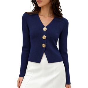 Daacee Women Cropped Gold Button Sweaters Structured Long Sleeve Cardigan (Blue, M)
