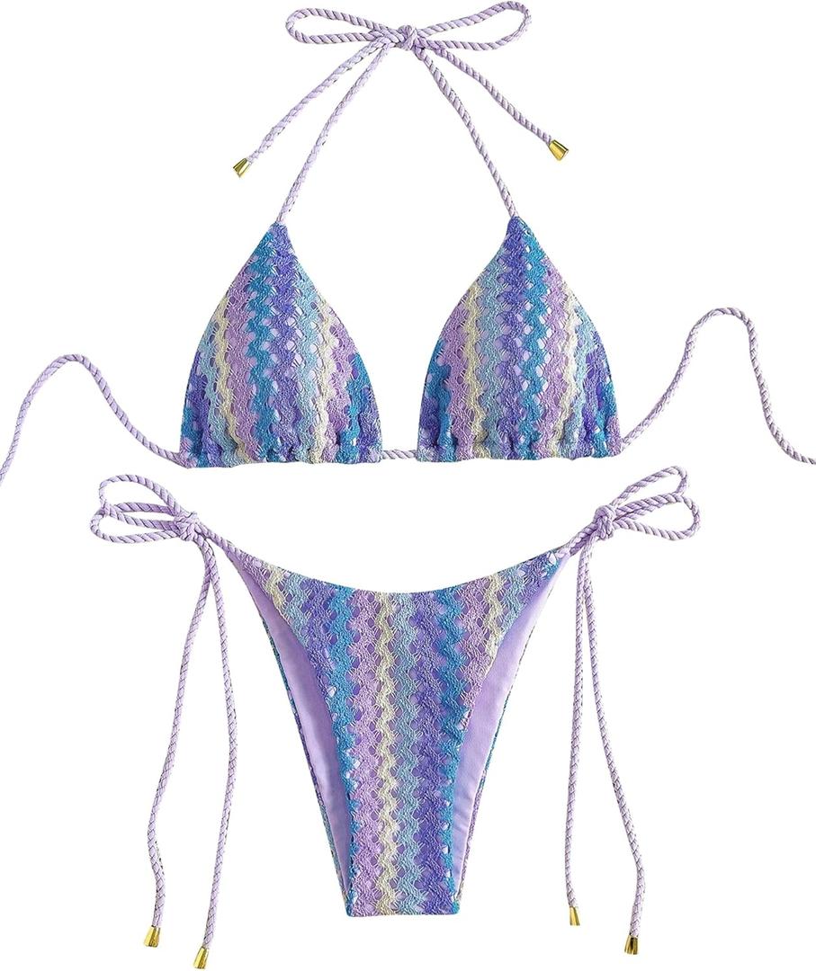 ZAFUL 2 Piece Triangle Bikini for Women Knitted Rope Halter Bikini Sets Sexy Bathing Suit Side Tie Swimsuits Beachwear (Medium, Purple)