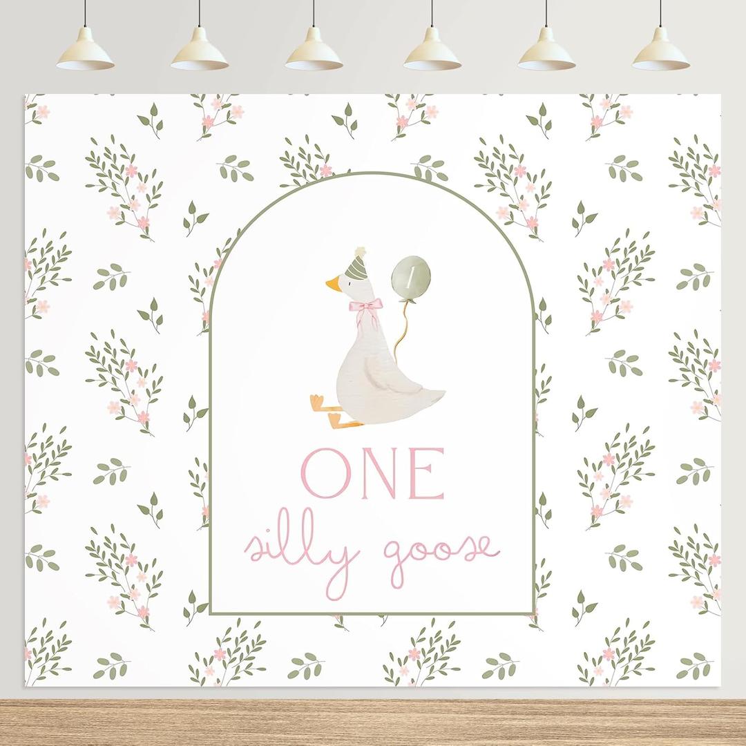 One Silly Goose Backdrop 6.5 x 5ft 1st Birthday Party Decoration One Silly Goose Banner Background Pink Farm Animal Background Prop for 1st First 1 Year Old Birthday Party Decoration