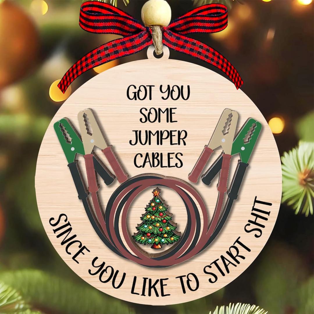 2 x Funny Christmas Ornaments - Got You Some Jumper Cables Ornament 2025 - Funny White Elephant Gifts for Coworkers, Friends, Besties, Colleagues - 2 Layer Wooden Exchange Ideas for Adults