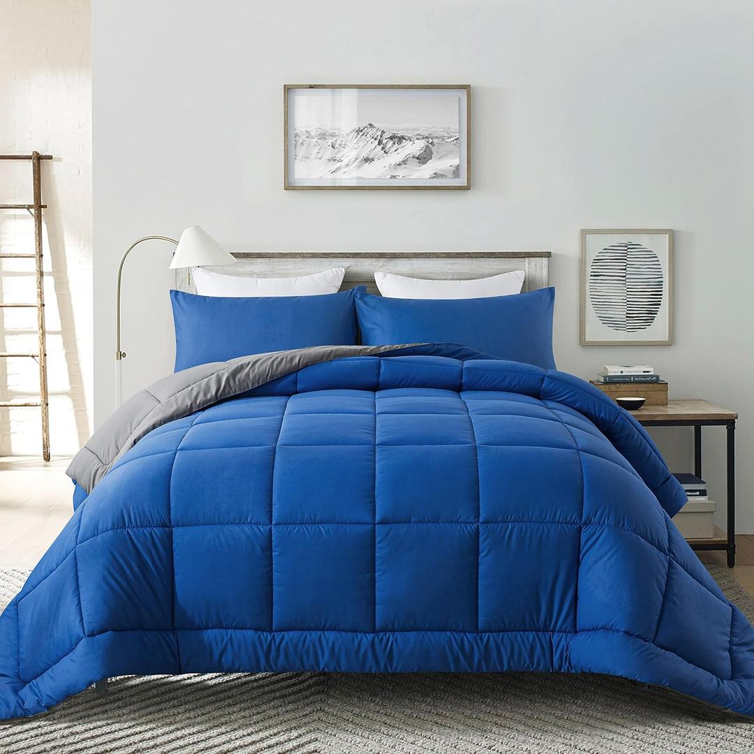 DOWNCOOL Blue/Grey Full Size Comforter Set - All Season Bedding with 2 Pillowcases - 3 Pieces Bed Set Down Alternative Comforter Set