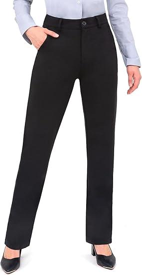 Bamans Dress Pants Women Work Business Pants Tummy Control Office Straight Leg Trousers High Waisted Ladies Slacks, Back, Medium 