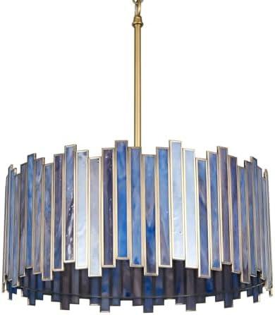 Wrlmfy Drum Chandelier 4-Light, Brass Gold Tiffany Pendant Lighting Fixture with Stained Deep Blue Glass Shade, 16” Round Ceiling Hanging Lamp for Bedroom Dining Room Kitchen Entryway Living Room