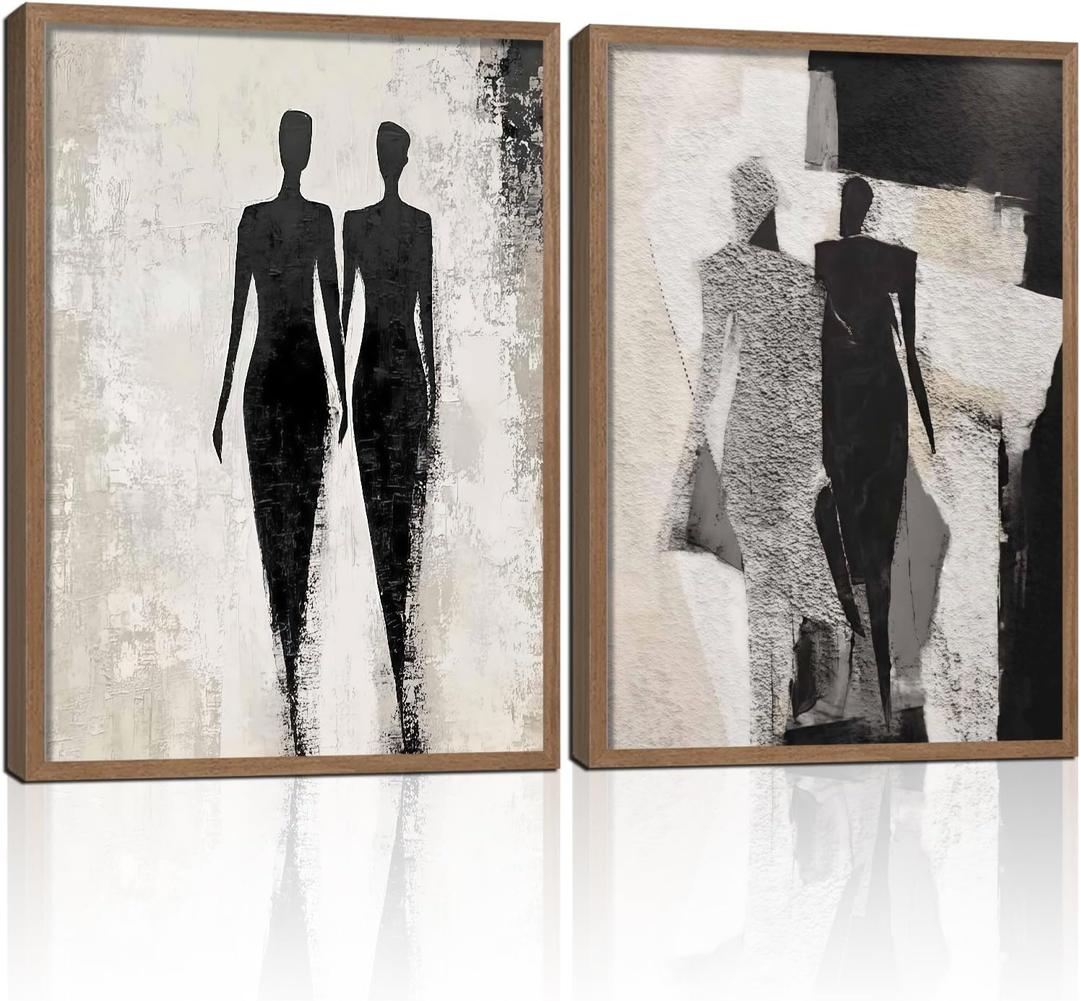 2 Pcs Framed Abstract Figure Wall Art Modern Black and White Minimalist Canvas Prints for Living Room Bedroom Bathroom Studio 16x24 Inch Ready to Hang