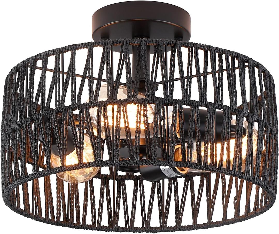 Hchunqjor 3-Light Coastal Black Woven Flush Mount Light Fixture Rustic Industrial Hemp Rope Flush Mount Ceiling Light for Hallway Bedroom Kitchen Entryway Farmhouse Living Room, Black