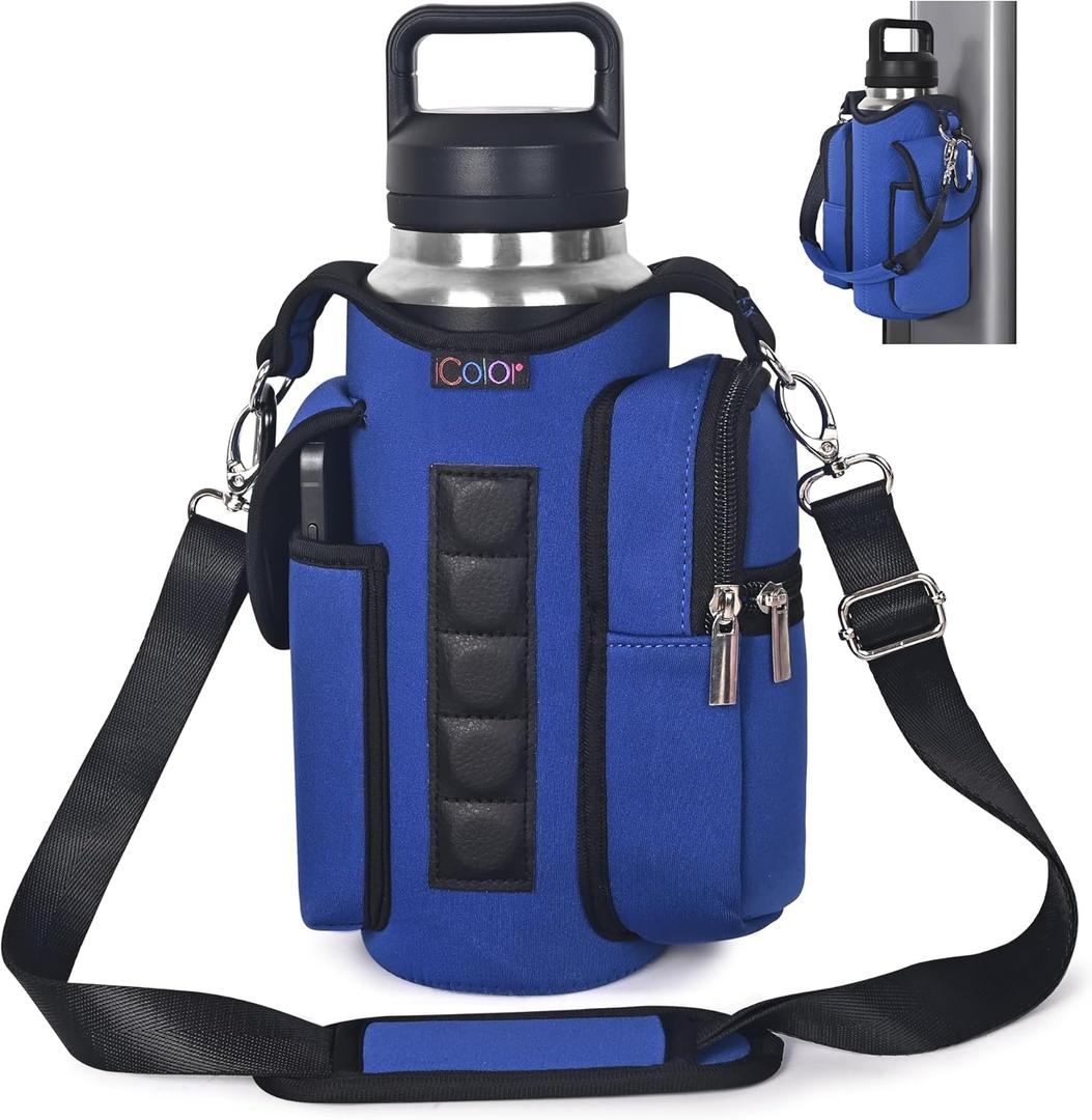 Icolor Magnetic Gym Bag Water Bottle Carrier Holder with Phone Pockets & Shoulder Strap,Gym Magnetic Bag 5 Built-in Magnets Gym Accessories Organizer Sling Bottle Bag Pouch Sleeve (Blue)
