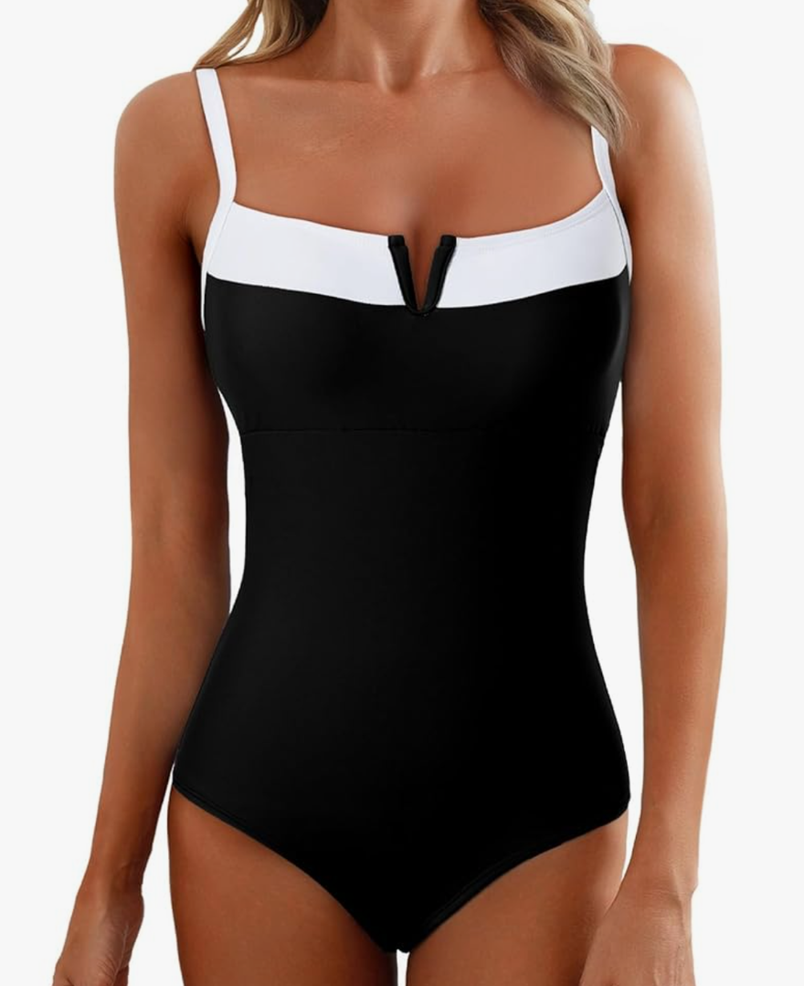 Herseas Women's V Wire One Piece Swimsuit Color Block Patchwork Bathing Suit, Size L