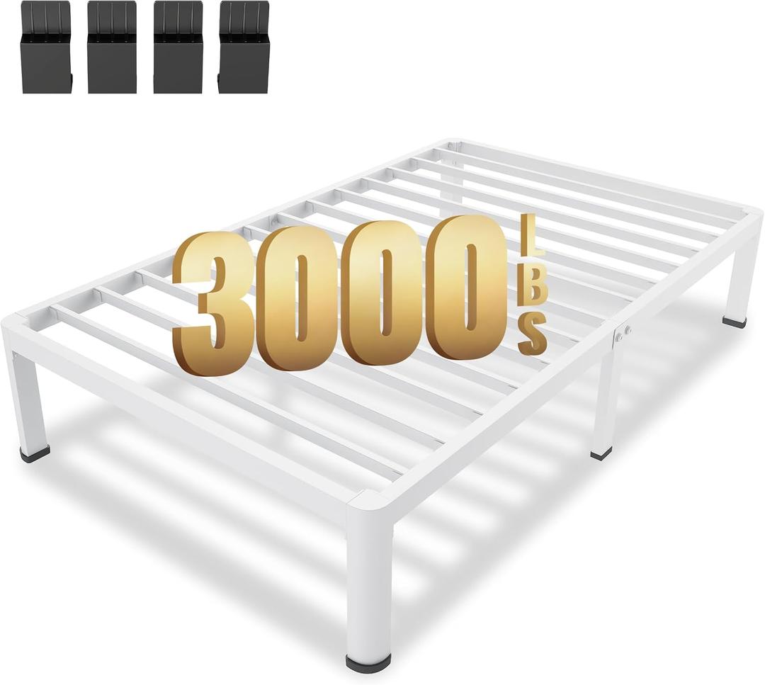 MAF 14 Inch Twin Metal Platform Bed Frame White with Round Corner Legs, 3000 LBS Heavy Duty Steel Slats Support, Noise Free, No Box Spring Needed, Easy Assembly