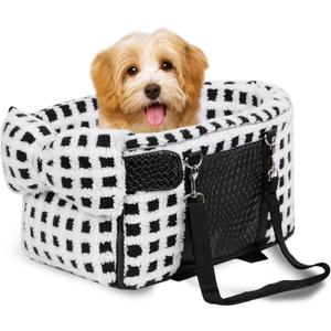 Portable Dog & Cat Car Seat - Center Console Booster Seat with Pillow (Grid-White, Under 13 lbs)