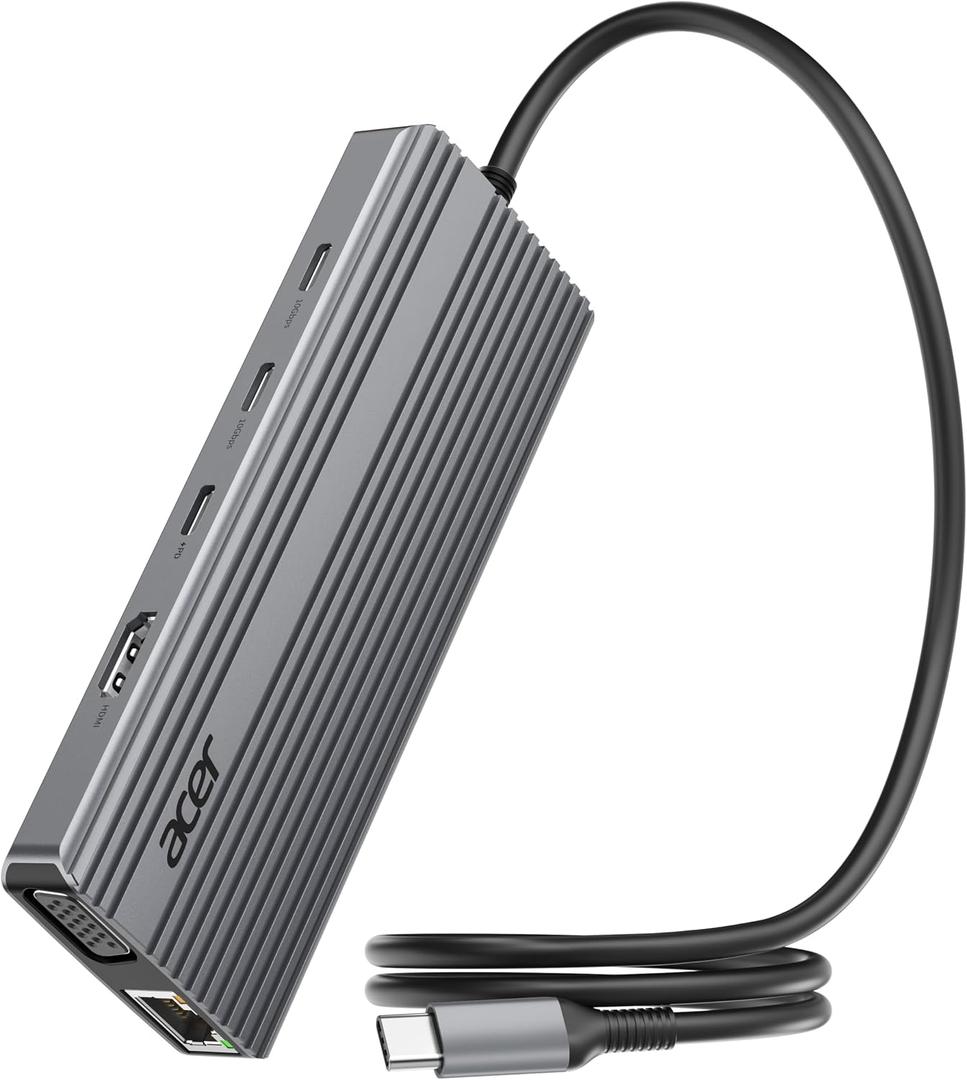 Acer 11 in 1 USB C HUB Multiport Adapter with 4K@60Hz HDMI, 2x10Gbps USB C, 2x5Gbps USB A, 100W PD Port, 1000Mbps Ethernet, 1080P VGA, SD/TF, Laptop Docking Station Dual Monitor for PC, Desktop(2ft)