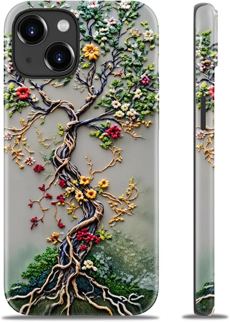 for iPhone 13 Case Cute - Wireless Charging Compatible - Dual-Layer Hard Shell + Silicone Cover - Protective Phone Case Aesthetic Trendy Designs for Women - Tree of Life