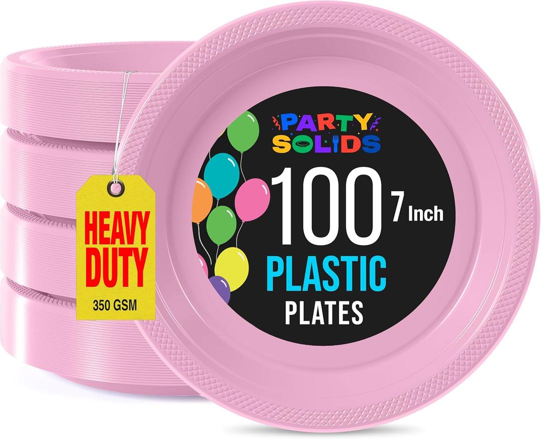 Party Solids Pink Plastic Plates For Party 7" Pink Disposable Plates For Party Supplies 100 Pcs Plastic Dinnerware Sets Heavy Duty 350 GSM Disposable Dinnerware Set