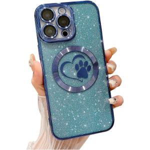 Weonmov Compatible for iPhone 16 Pro Case Glitter Clear Paw Love Heart Compatible with MagSafe, Camera Lens Protection Soft Slim Thin Magnetic Bling Phone Case - Blue