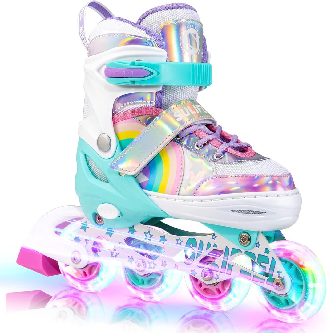 SULIFEEL Rainbow Unicorn Inline Skates for Girls Boys 4 Size Adjustable Light up Wheels Skates for Kids Beginner, Size Small