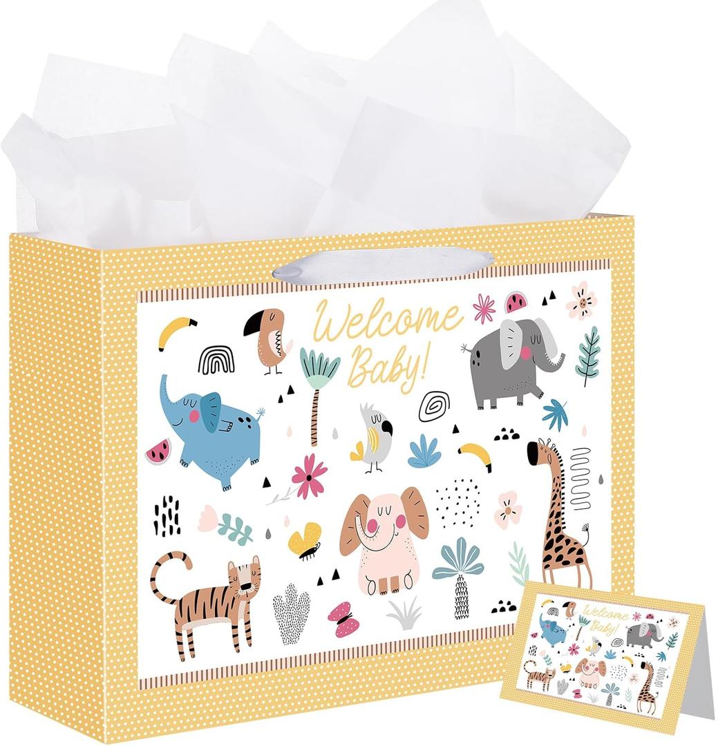 woric 14.5" Baby Gift Bag for Baby Shower with Tissue Paper and Greeting Cards for Boys Girls Birthday Party(Cute Animals)