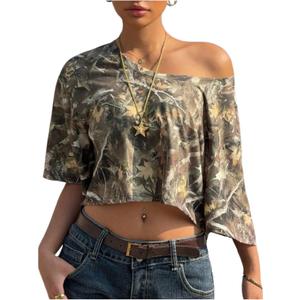 WDIRARA Women's Y2k Camo Print Off The Shoulder Crop Tee Top Short Sleeve Loose Fit T Shirts (Large)