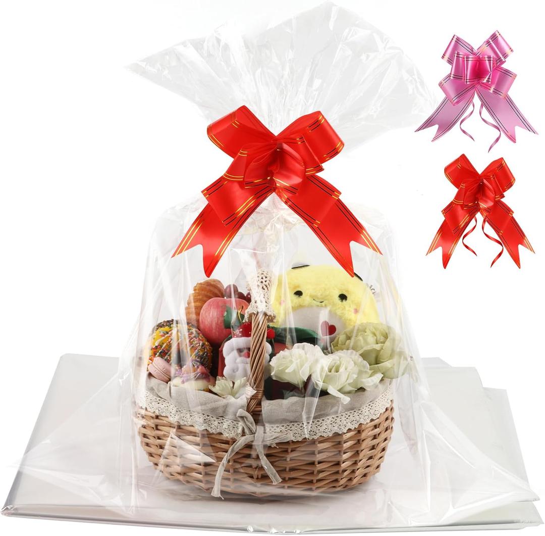 SUREHOME Cellophane Bags for Gift Baskets Wrapping Plastic 10 Pcs 30 x 40 Inch Large Cellophane Bags for Easter Basket Wrap Clear Gift Bags with Pull Bow Shrink Wrap Bag for Gift Basket Gift Giving