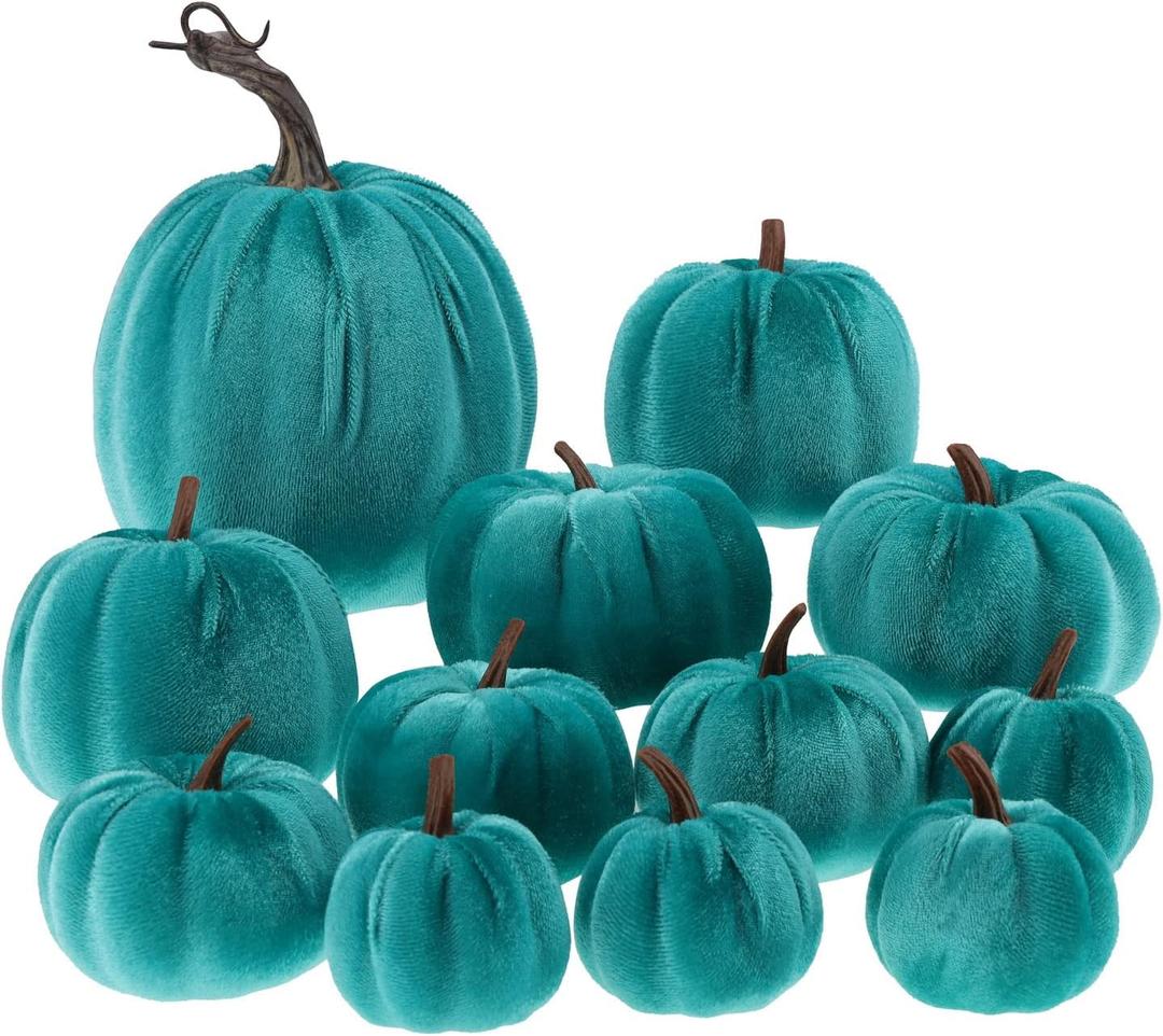 Halloween 12Pcs Artificial Velvet Pumpkins Sets Assorted Size Handmade Fake Foam Fall Harvest Decorative for Kitchen Party Table - Blue