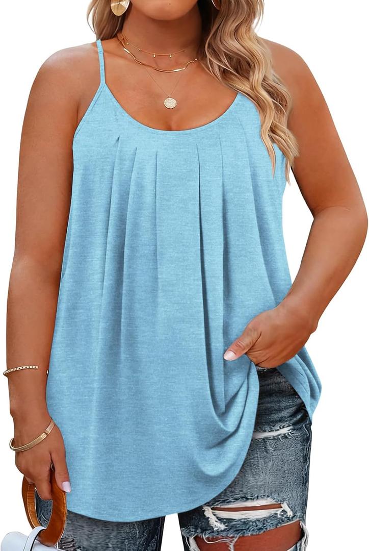 Womens Plus Size T Shirts Summer Spaghetti Strap Tank Tops Flowy Pleated Tunics 4X Going Out Sleeveless Blouses Light Blue
