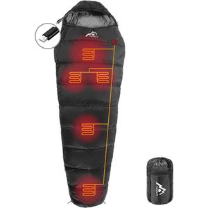 MANTUOLE Heated Sleeping Bag 5 Heating Zones, Operated with Battery Power Bank or Other Type-C Power Supplies with Type C Output, Portable Compact Bag, Mummy Style-Black.Type-C.