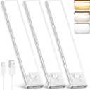 10 Inch Under Cabinet Lights, 2200mAh Rechargeable Battery Operated Motion Sensor Lights Indoor, Wireless Dimmable Closet Lights, 3 Color Under Counter Magnetic Night Lights for Kitchen, Stair, 3-Pack