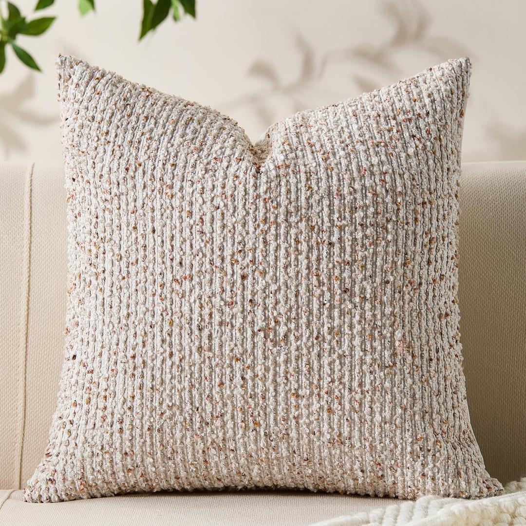 Allorry Decorative Couch Throw Pillow Covers 18x18 Beige Striped Soft Wool Pillow Covers Neutral Textured Boho Cushion Covers for Modern Farmhouse Sofa Bedroom Living Room Decor SY011-A18