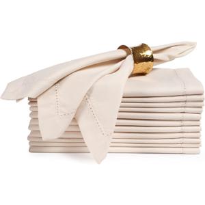 Palisa Cloth Dinner Napkins with Hemstitched Detailing & Mitered Corners 20x20 Inches - Washable Polyester Table Napkins for Weddings & Everyday Use - Set of 12, Almond Beige
